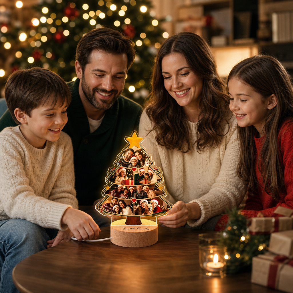 Custom Christmas Tree Photo Collage Night Light - Personalized Family Acrylic LED Lamp with Engraved Round Beech Wood Base