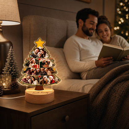Custom Christmas Tree Photo Collage Night Light - Personalized Family Acrylic LED Lamp with Engraved Round Beech Wood Base