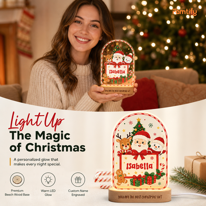 Custom Christmas Name Night Light - Personalized Kids Santa & Reindeer Acrylic Arch Night Light with Engraved Beech Wood Base