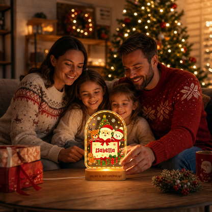 Custom Christmas Name Night Light - Personalized Kids Santa & Reindeer Acrylic Arch Night Light with Engraved Beech Wood Base