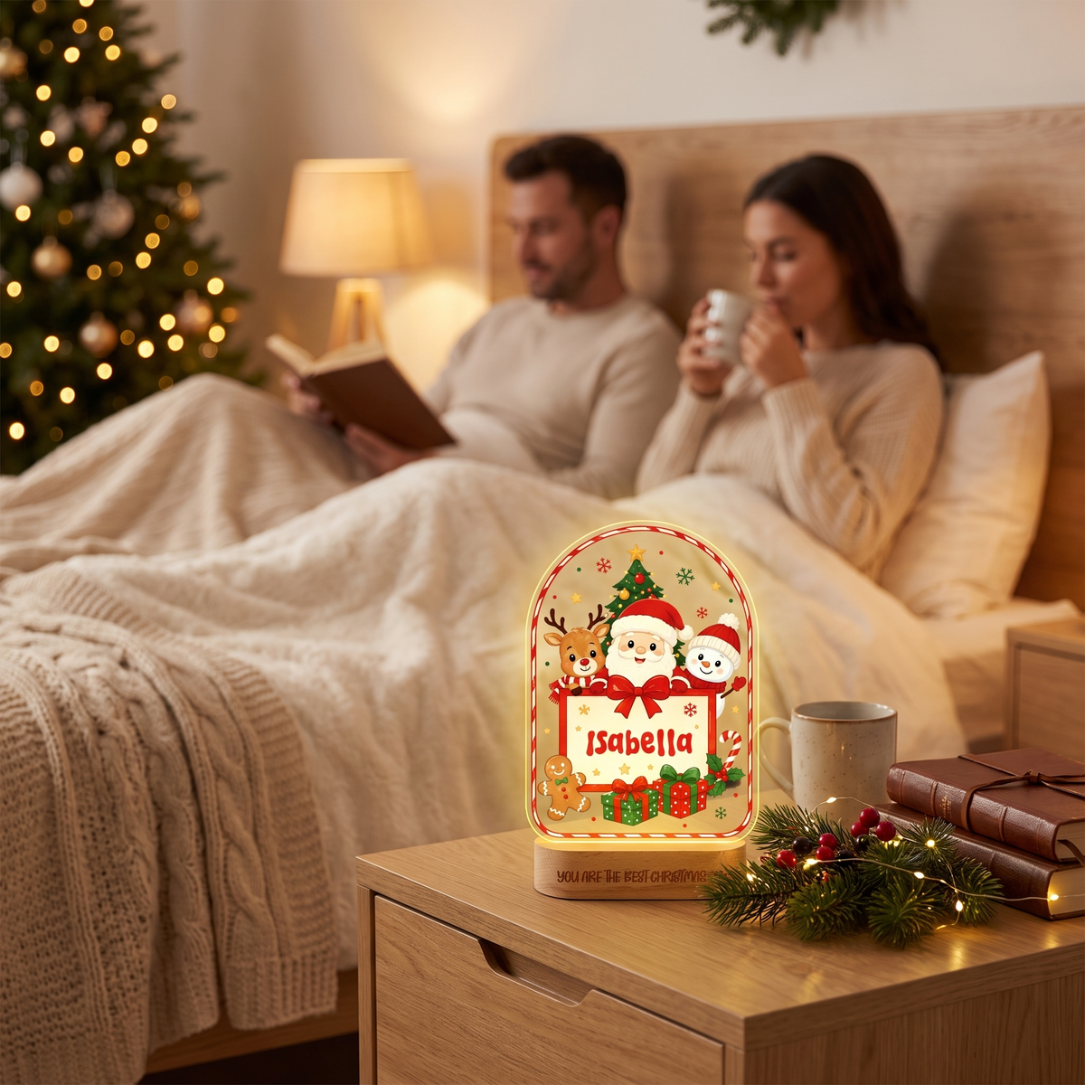 Custom Christmas Name Night Light - Personalized Kids Santa & Reindeer Acrylic Arch Night Light with Engraved Beech Wood Base