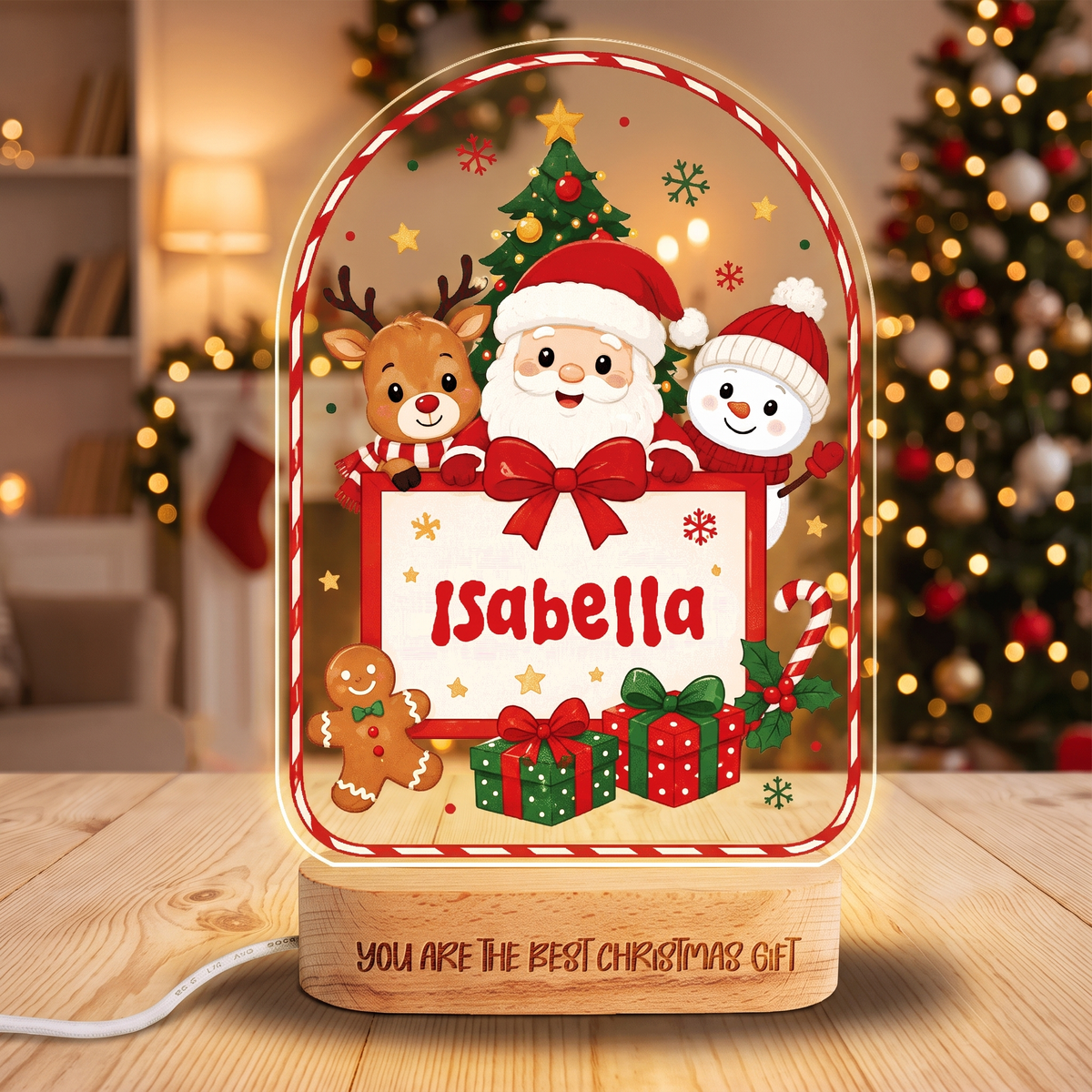 Custom Christmas Name Night Light - Personalized Kids Santa & Reindeer Acrylic Arch Night Light with Engraved Beech Wood Base