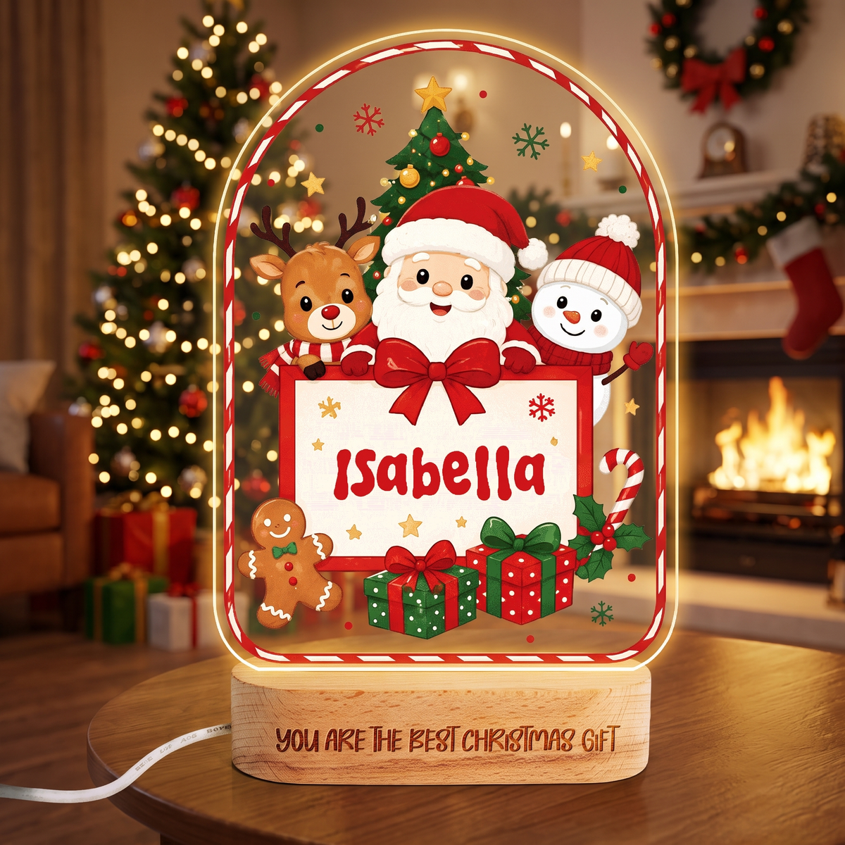 Custom Christmas Name Night Light - Personalized Kids Santa & Reindeer Acrylic Arch Night Light with Engraved Beech Wood Base