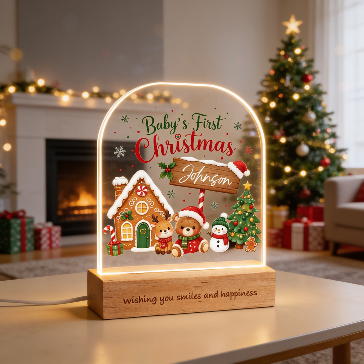 Personalized Baby's First Christmas arch acrylic night light with baby name