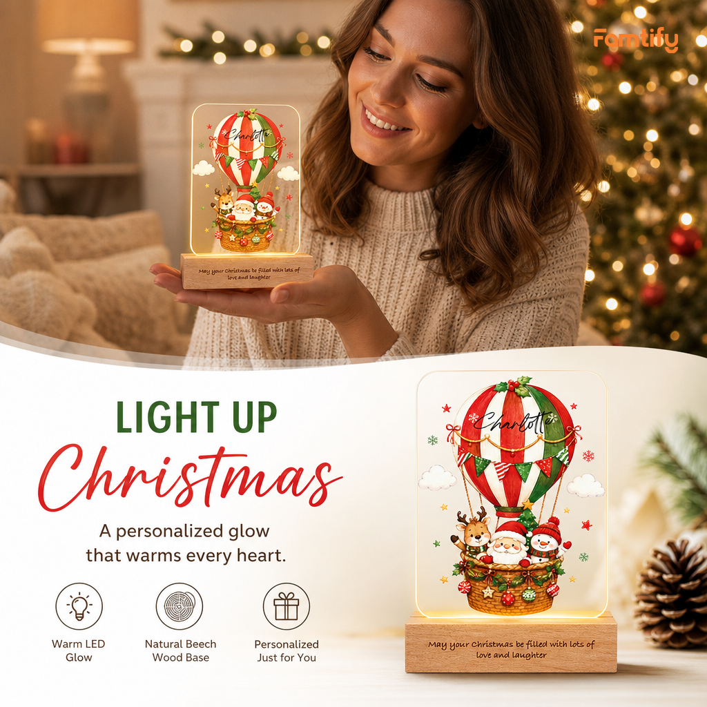 Custom Christmas Hot Air Balloon Name Night Light - Personalized Santa Reindeer Snowman Acrylic Night Light with Engraved Beech Wood Base