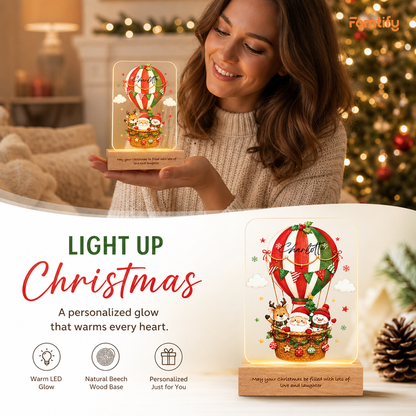Custom Christmas Hot Air Balloon Name Night Light - Personalized Santa Reindeer Snowman Acrylic Night Light with Engraved Beech Wood Base