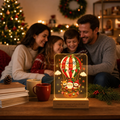 Custom Christmas Hot Air Balloon Name Night Light - Personalized Santa Reindeer Snowman Acrylic Night Light with Engraved Beech Wood Base