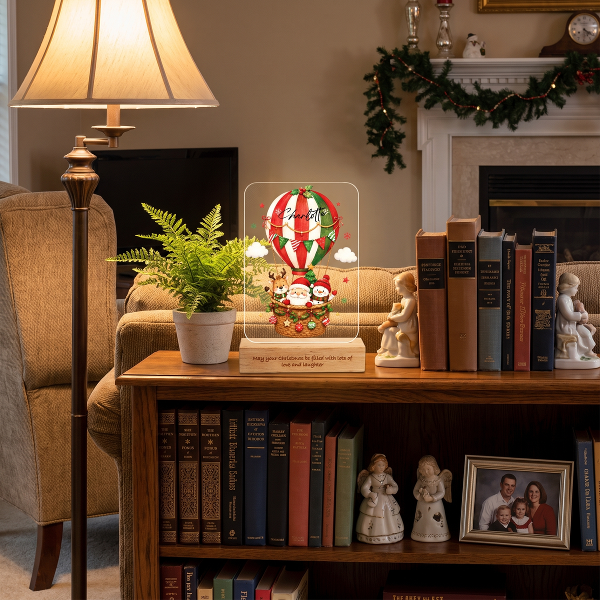 Custom Christmas Hot Air Balloon Name Night Light - Personalized Santa Reindeer Snowman Acrylic Night Light with Engraved Beech Wood Base