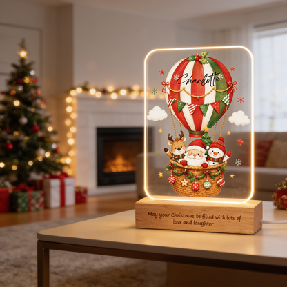 Custom Christmas Hot Air Balloon Name Night Light - Personalized Santa Reindeer Snowman Acrylic Night Light with Engraved Beech Wood Base