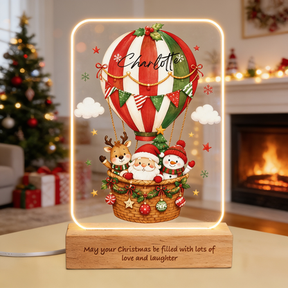 Custom Christmas Hot Air Balloon Name Night Light - Personalized Santa Reindeer Snowman Acrylic Night Light with Engraved Beech Wood Base