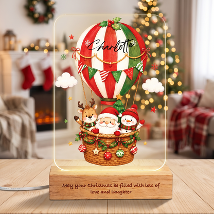 Custom Christmas Hot Air Balloon Name Night Light - Personalized Santa Reindeer Snowman Acrylic Night Light with Engraved Beech Wood Base