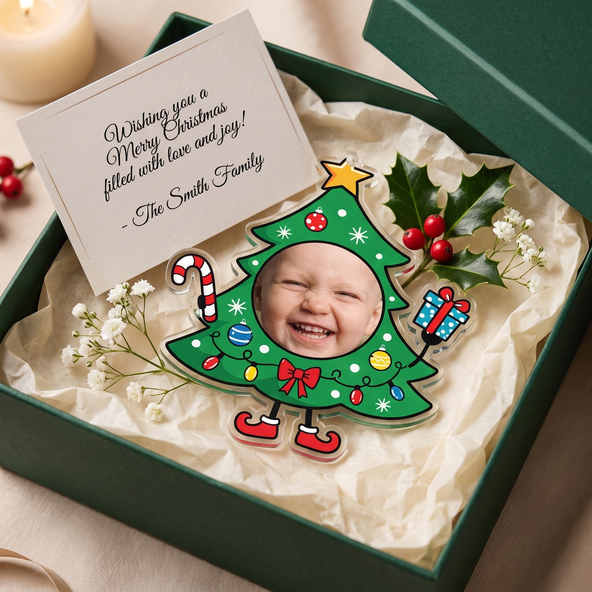 Personalized Christmas Tree Baby Face Acrylic Ornament, Custom Photo Christmas Ornament, Cute Baby Keepsake, Personalized Holiday Tree Decoration