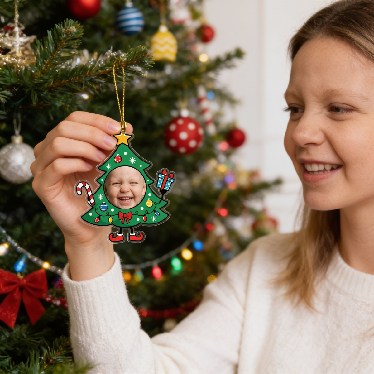 Personalized Christmas Tree Baby Face Acrylic Ornament, Custom Photo Christmas Ornament, Cute Baby Keepsake, Personalized Holiday Tree Decoration