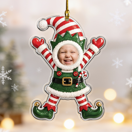 Personalized Baby Face Elf Acrylic Christmas Ornament, Custom Photo Christmas Ornament, Baby's First Christmas Keepsake, Cute Holiday Tree Decoration