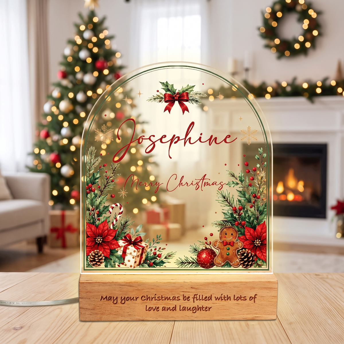 Personalized Christmas poinsettia arch acrylic night light with name