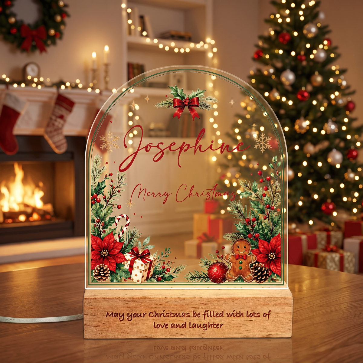 Personalized Christmas poinsettia arch acrylic night light with name