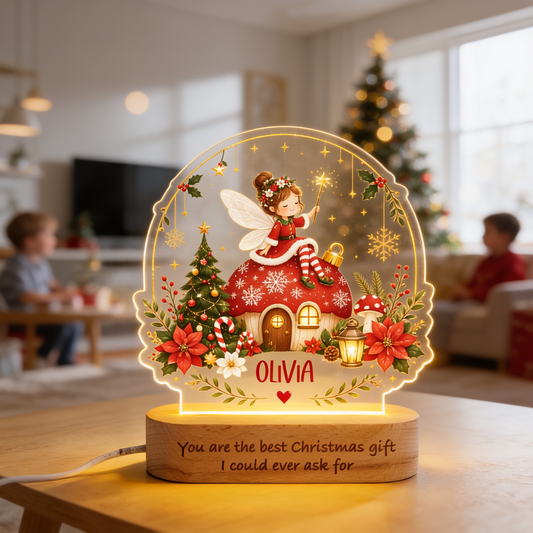 Personalized Christmas fairy and mushroom house acrylic night light with name