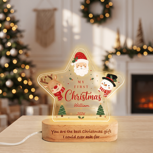 Personalized Baby's First Christmas star acrylic night light with baby name