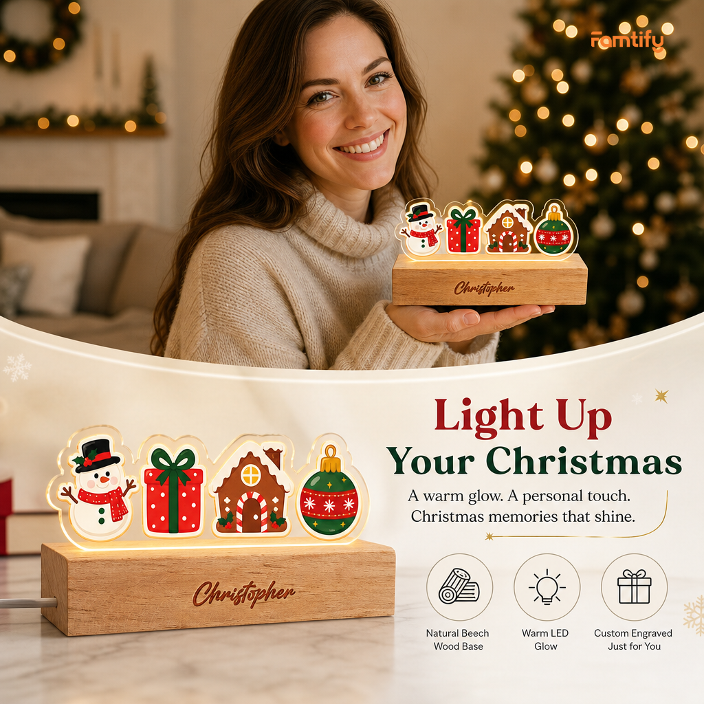 Custom Christmas icons acrylic night light with name engraved on wood base