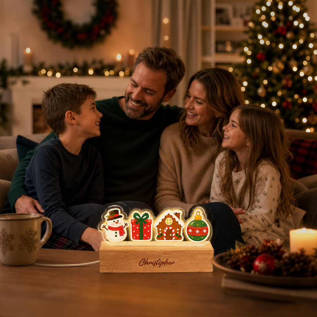 Custom Christmas icons acrylic night light with name engraved on wood base
