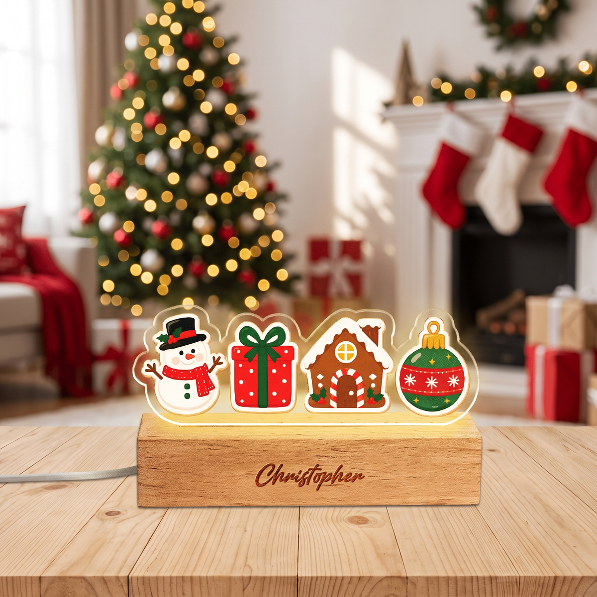 Custom Christmas icons acrylic night light with name engraved on wood base