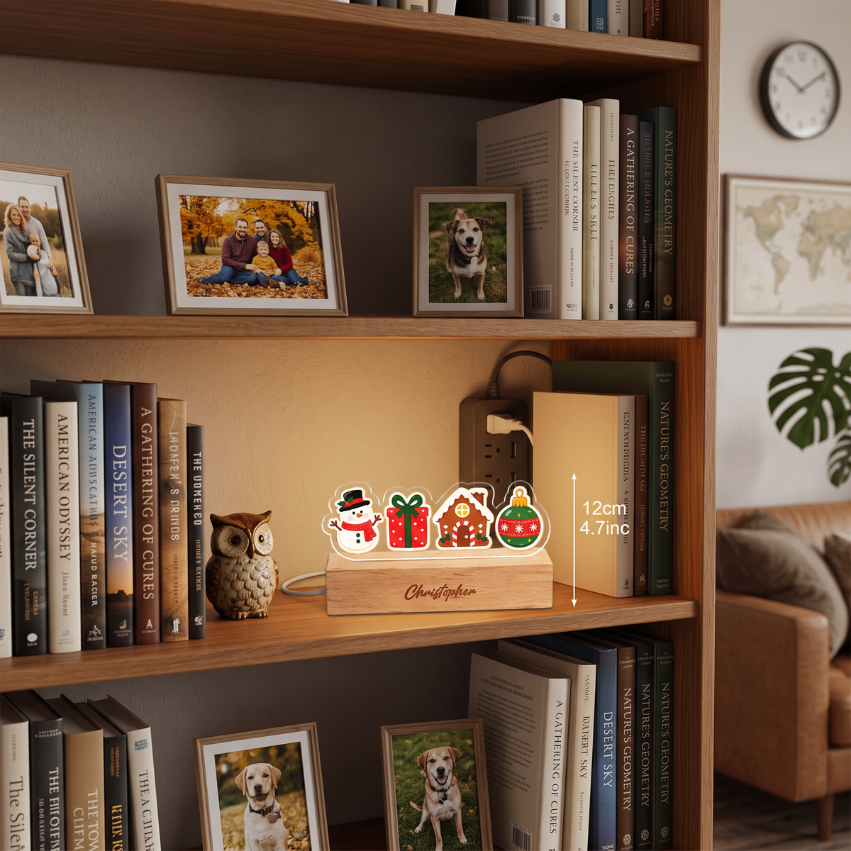 Custom Christmas icons acrylic night light with name engraved on wood base
