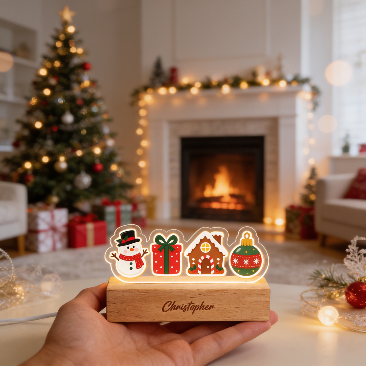 Custom Christmas icons acrylic night light with name engraved on wood base
