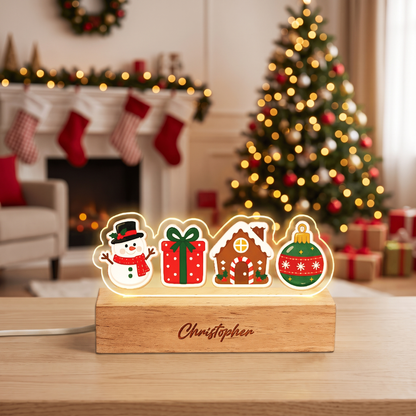 Custom Christmas icons acrylic night light with name engraved on wood base
