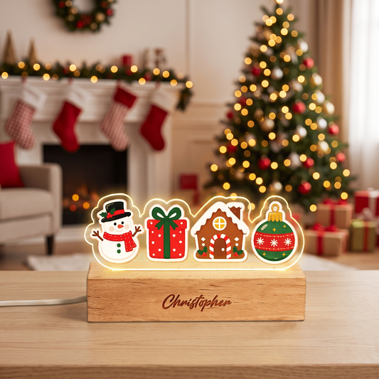 Custom Christmas icons acrylic night light with name engraved on wood base