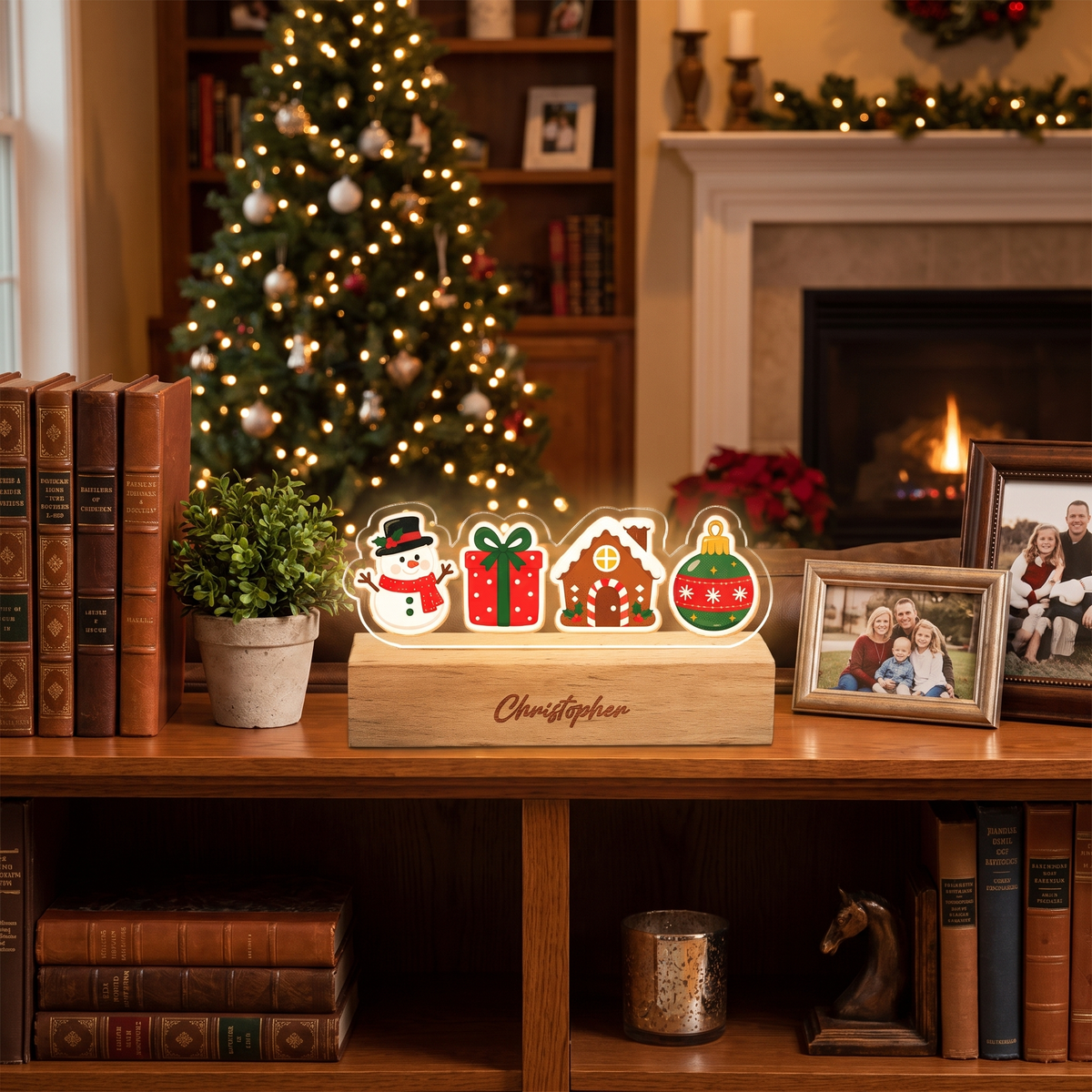 Custom Christmas icons acrylic night light with name engraved on wood base