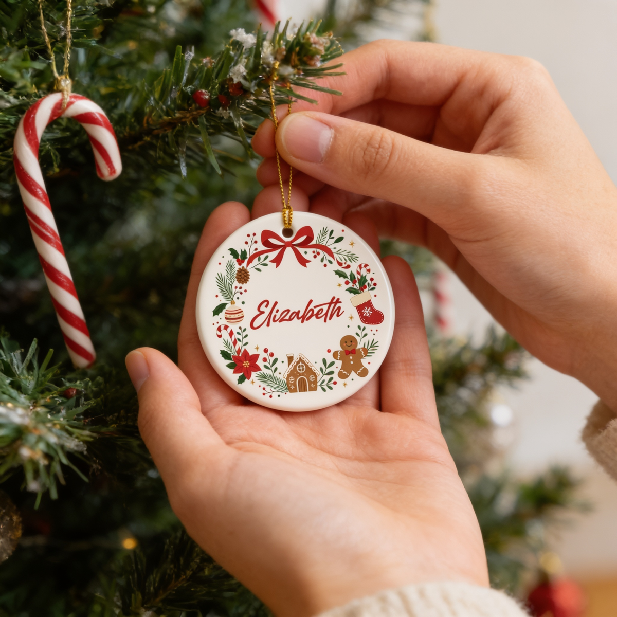 Hands holding the personalized bow wreath ceramic ornament by a candy cane