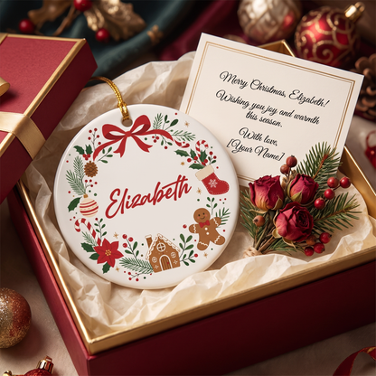 Bow wreath name ornament in a red gift box with roses and a Merry Christmas card