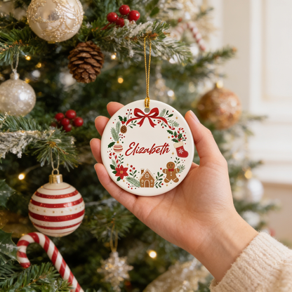 Hand holding the custom name gingerbread wreath ornament by a decorated tree