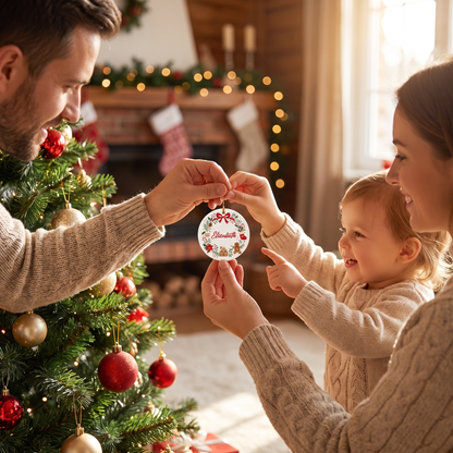 Parents and toddler hanging the personalized Merry Christmas wreath ornament