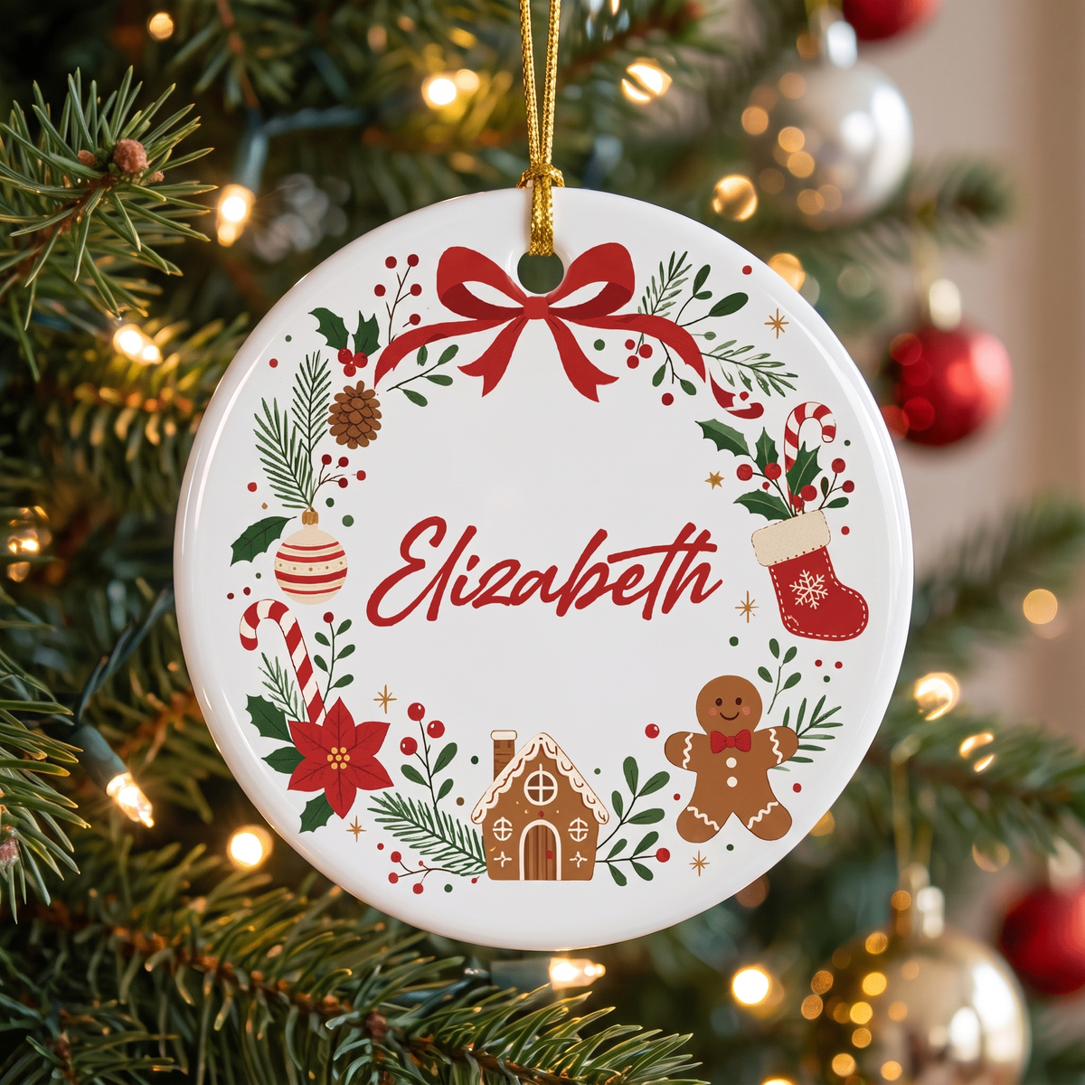 Round white ceramic ornament with a bow-topped wreath, gingerbread house, stocking and custom name in red