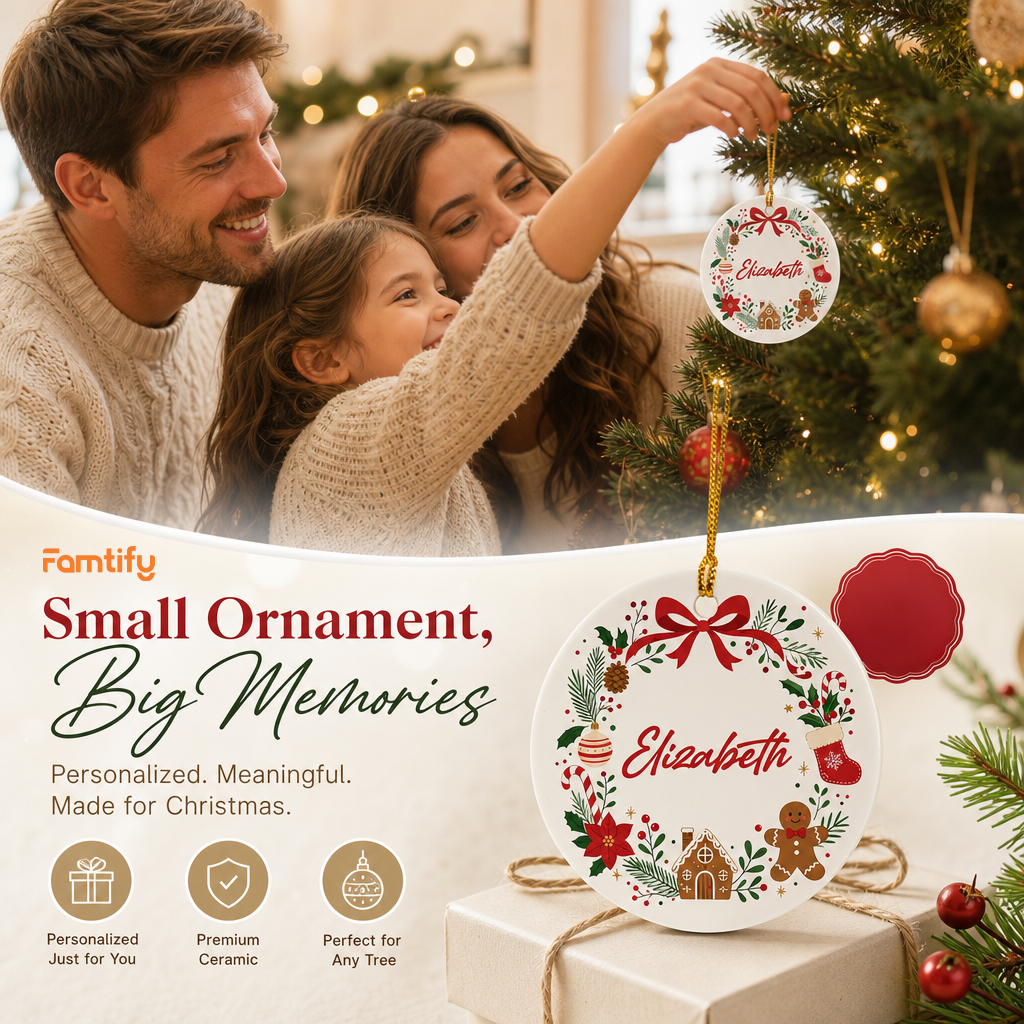 Small Ornament, Big Memories banner with a family and the bow wreath name ornament