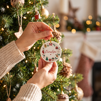Hands hanging the personalized Christmas icon wreath ornament on a tree