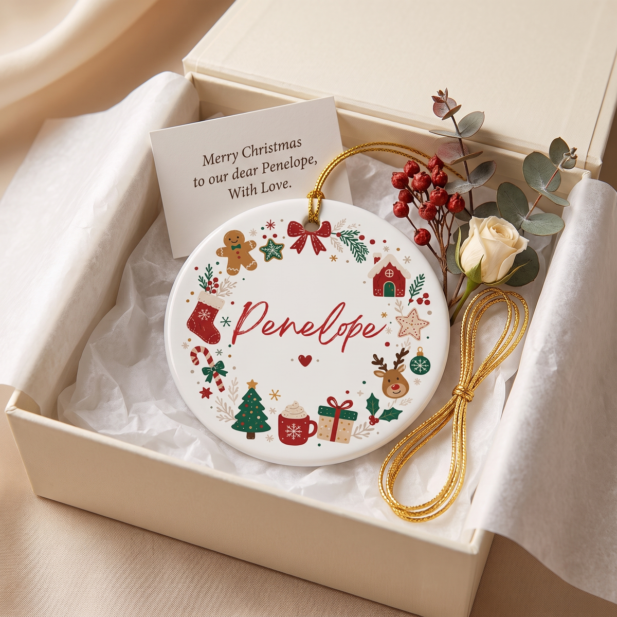 Christmas icon wreath name ornament in a white gift box with a rose and a personal note