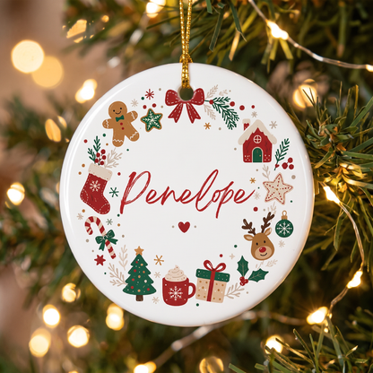 Custom name Christmas wreath ceramic ornament glowing against tree lights