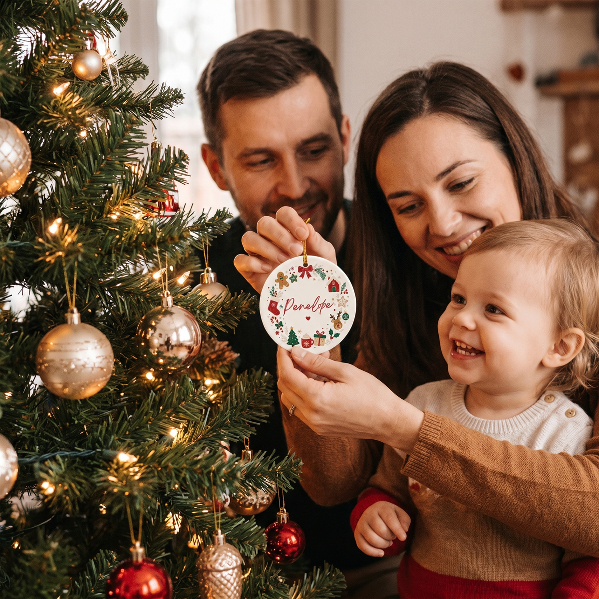 Parents and toddler hanging the personalized Christmas icon wreath ornament