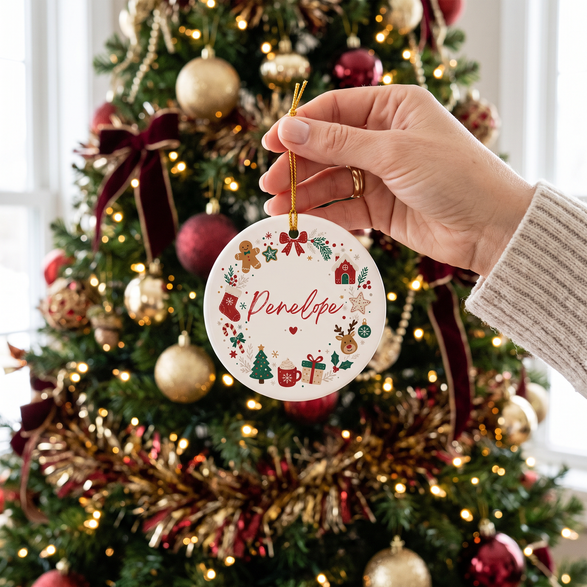 Hand hanging the custom name Christmas wreath ornament on a burgundy and gold tree