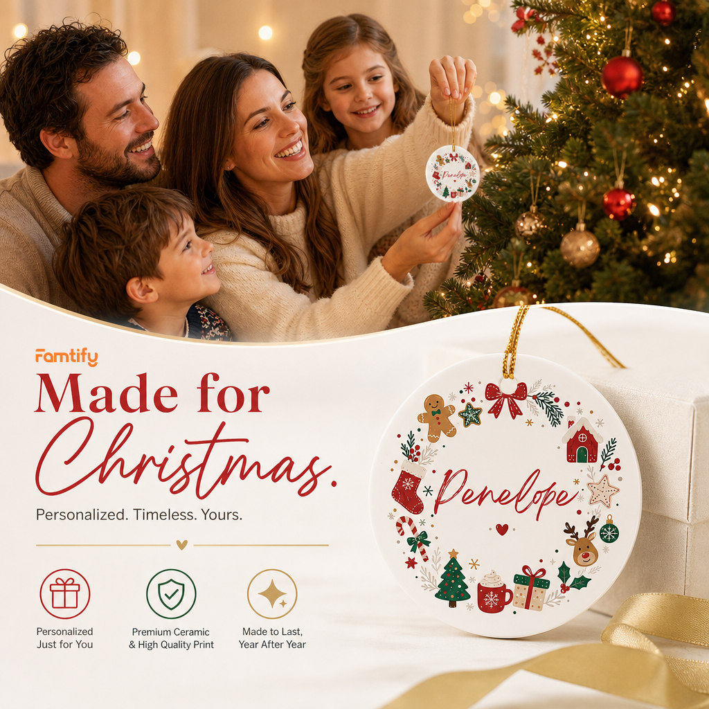 Made for Christmas banner with a family and the personalized Christmas icon wreath ornament