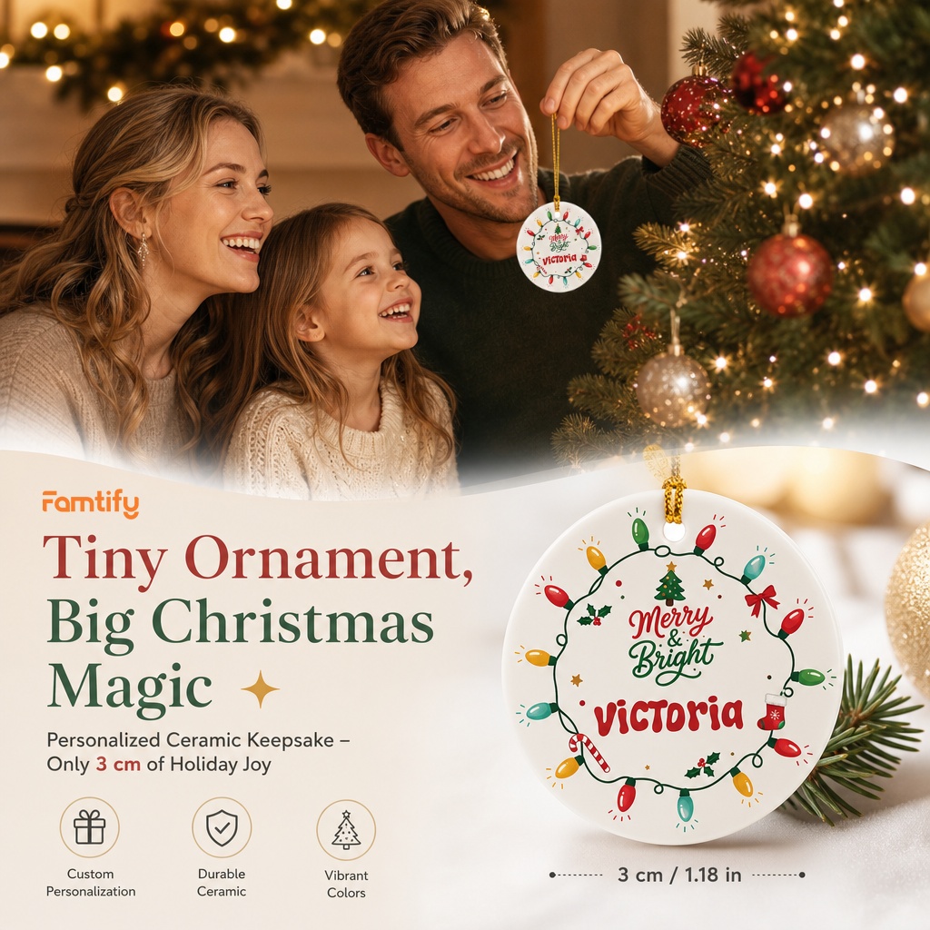 Tiny Ornament, Big Christmas Magic banner with a family and the Merry and Bright name ornament