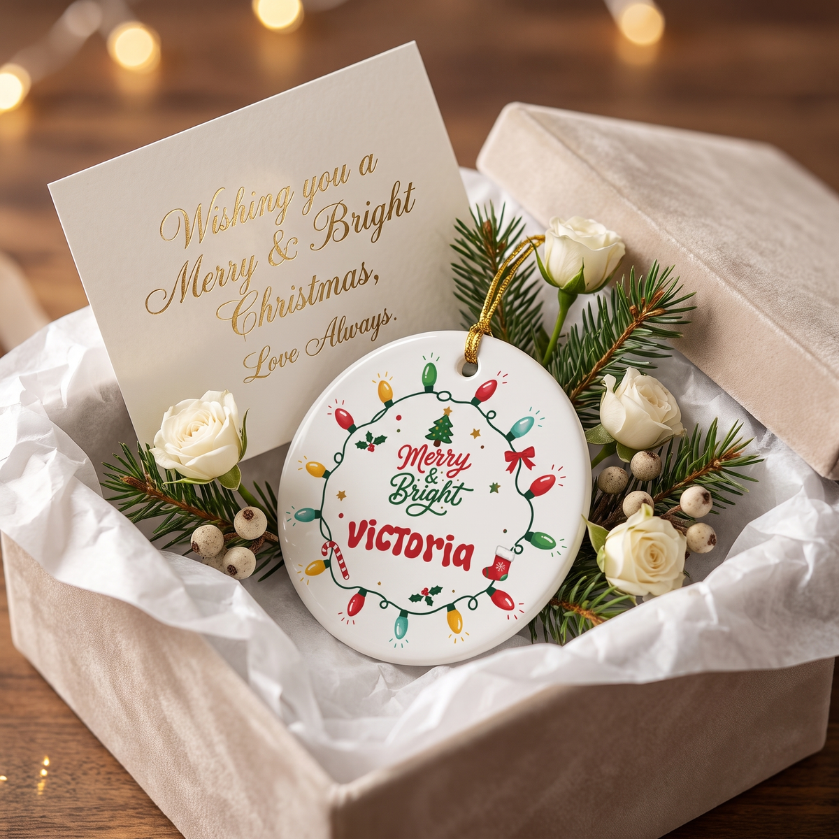 Merry and Bright name ornament in a gift box with white roses and a greeting card