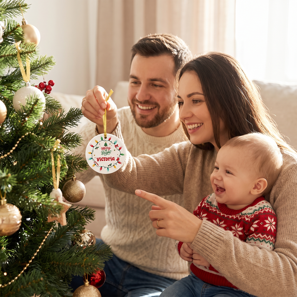Parents and baby hanging the Christmas lights custom name ornament on the tree
