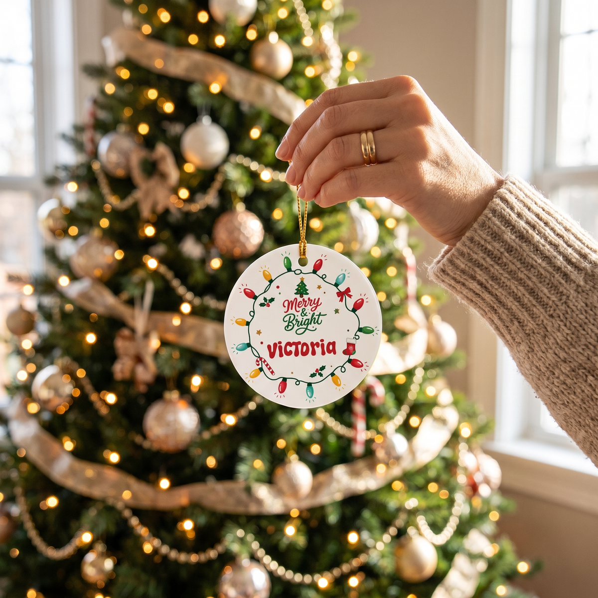 Hand hanging the Merry and Bright ceramic ornament on a gold and white tree