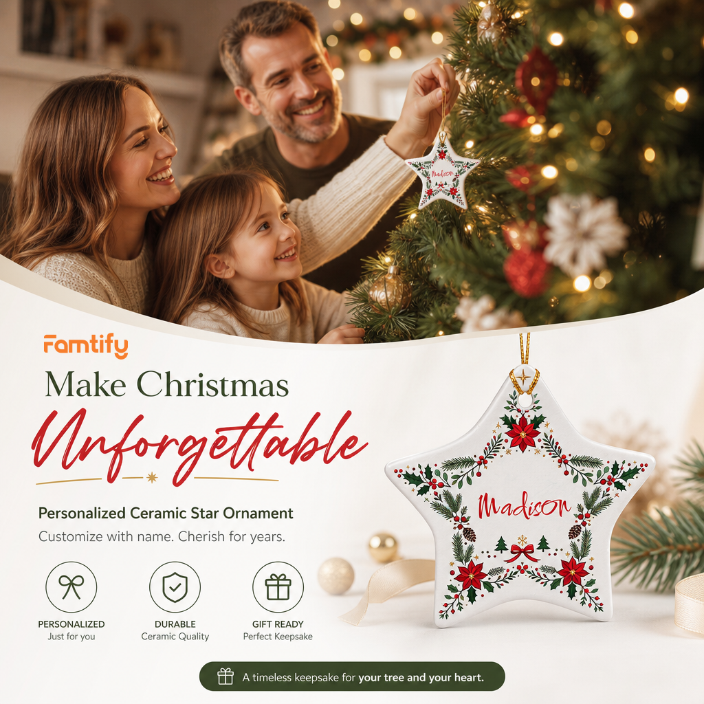 Make Christmas Unforgettable banner with a family and the personalized ceramic star ornament