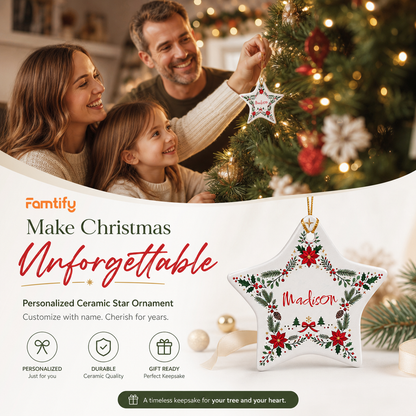 Make Christmas Unforgettable banner with a family and the personalized ceramic star ornament