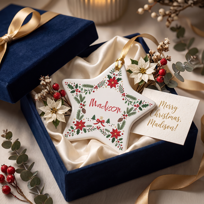 Personalized ceramic star ornament in a navy gift box with a Merry Christmas name card