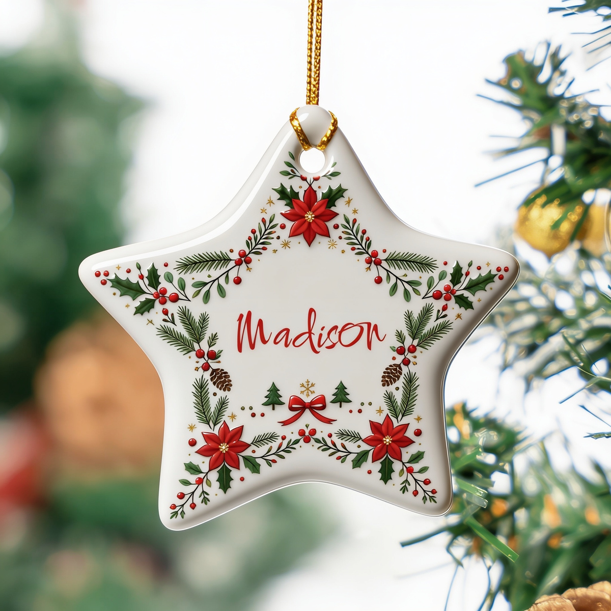 Close up of the ceramic star ornament with poinsettia wreath and custom name